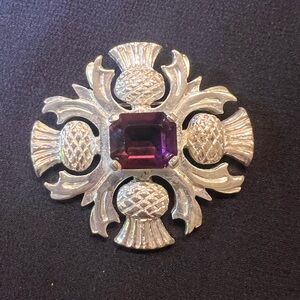Vintage 1960s Scottish Celtic Thistle Brooch Glass Amethyst Silver Tone